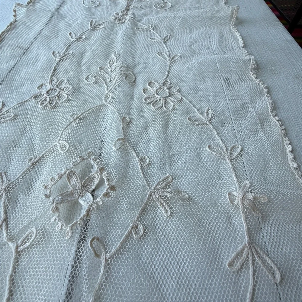 Antique Embroidered Net Lace Dresser Scarf Table Runner Floral 40
